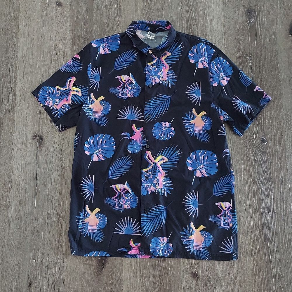 Dutch Bros Coffee Tropical Hawaiian Black Floral Button Up Shirt Size Medium